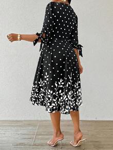 SHEIN Lady Women's Elegant Polka Dot & Floral Print Petal Sleeve Midi Dress, Summer - Black and White - View 2
