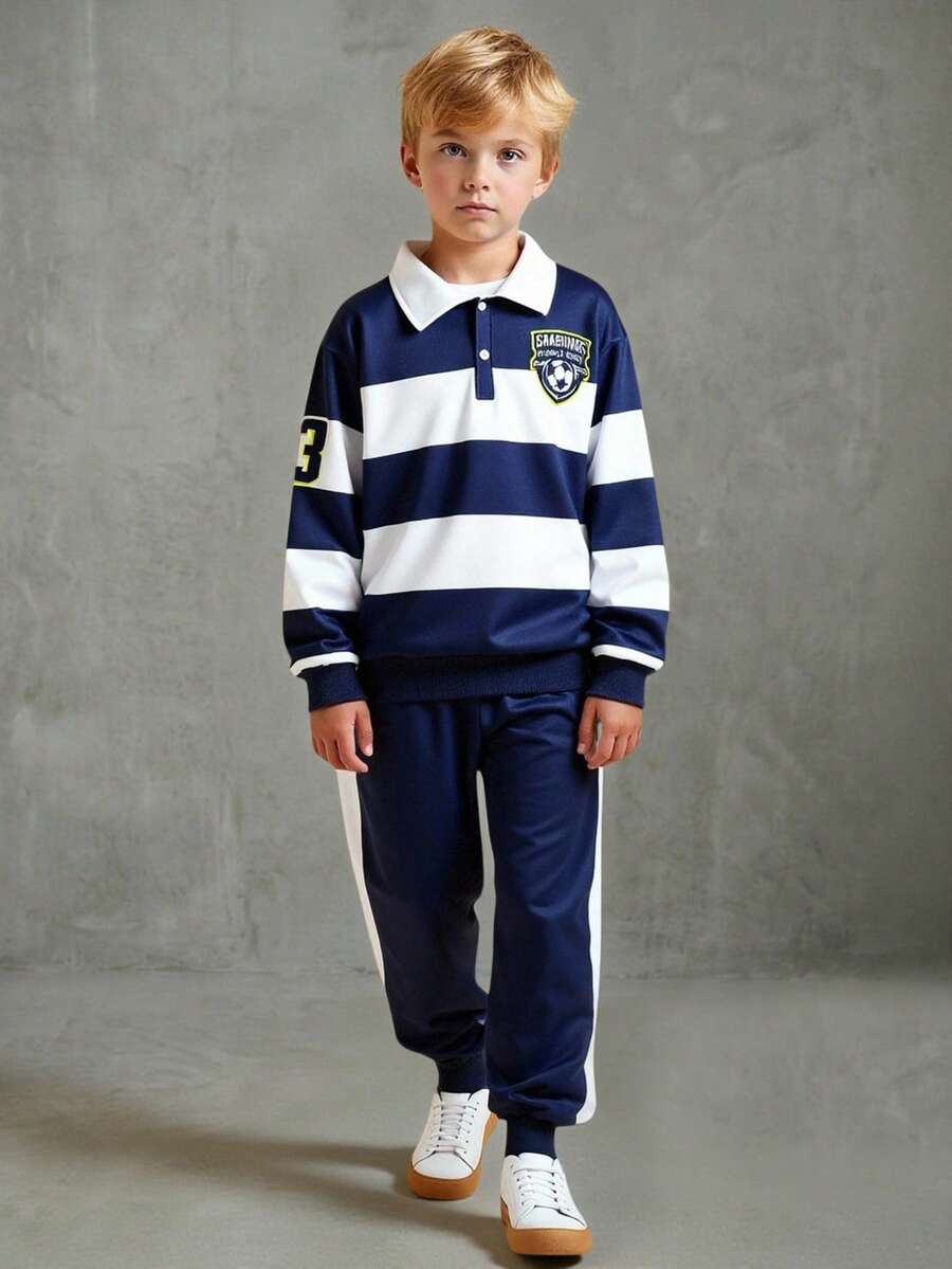Casuvi Kids 5-Piece Set: Casual Striped & Plaid Letter Print Polo Collar Long Sleeve Sweatshirt + Elastic Waist Jogger Pants, Loose Fit, Suitable For Boys, Spring/Summer/Autumn, Versatile For Daily Wear, Birthday Party, School Activities, Family Gathering, Formal Occasions - Multicolor - View 1