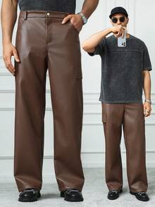 HUEFORM Manfinity Streetrush 男士 PU 皮裤，宽松百搭长裤，男士宽松直筒休闲棕色宽松工装裤，秋冬 - 棕色 - 查看 1