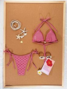 Swim Mod Bộ bikini dây rút cổ yếm màu xanh đậm dành cho nữ, họa tiết da báo, hoa văn ngẫu nhiên, vỏ sò, kiểu dáng thong cạp cao, buộc dây bên hông, dự kiến mùa Xuân/Hè 2026. - Màu Hồng Tươi - Xem 2