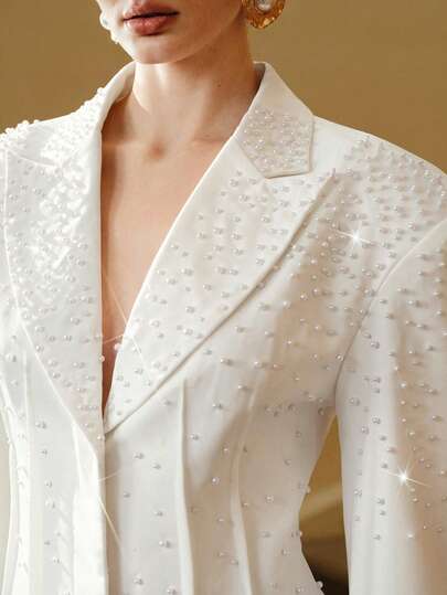 Arave Áo blazer nữ dáng suông, vai độn, đính cườm, cổ bèo nhún, thanh lịch cho những buổi hẹn hò.