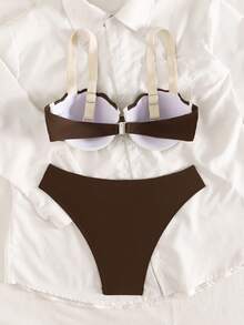 SHEIN Swim Chicsea Bộ bikini tam giác 2 mảnh dành cho nữ, phối màu tương phản, cúp ngực hình vỏ sò, dây đeo dày, khóa cài phía sau có thể điều chỉnh. - Nhiều màu - Xem 5