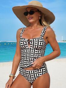 Swim Lushoire 2pcs Women's Summer Beach Fashion Vacation Random Line Print Ruched Resin Ring Top & Matching Random Print Triangle Tankini Swimsuit Set - Multicolor - View 4