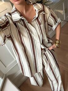 DAZY 女士条纹落肩短袖纽扣休闲衬衫长裤两件套家居服套装，夏季女士休闲套装 - 杏色 - 查看 3