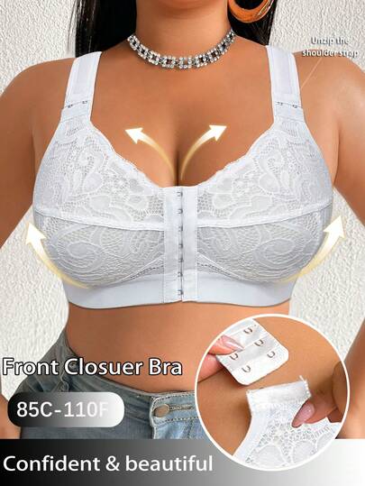 DesireSculpt 1pc Plus Size Lace Patchwork Front Closure Wireless Bra