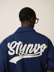 STYNVO Men's Casual Striped Letter Embroidered Short Sleeve Shirt - Navy Blue - View 5