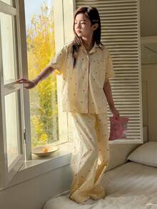 DAZY Conjunto de ropa de estar para niña preadolescente con estampado de corazones y ribete de contraste, otoño - Albaricoque - Ver 2