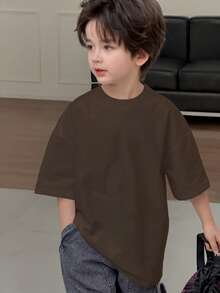 DAZY Tween Boy Solid Color Round Neck Casual Versatile Daily Wear Short Sleeve T-Shirt Summer - Brown - View 2