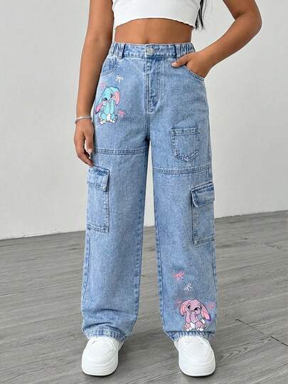 SHEIN One Piece 2026春夏新款浅蓝色高腰卡通印花工装阔腿牛仔长裤，大码女童弹力腰多口袋宽松直筒拖地裤，休闲酷炫个性街头风百搭品牌阔腿裤