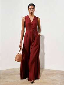 Zivah 2025 春季新品上市 复活节 生日派对 毕业季 日常出行 必备单品 休闲度假 街头时尚 极简通勤 V领 不对称设计 解构设计 隐藏式侧缝口袋 连体裤 - 鏽棕色 - 查看 4