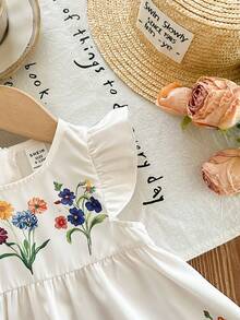 SHEIN LMoss Kids 女宝宝度假可爱碎花印花短袖连衣裙和斜挎包套装 - 卡其色 - 查看 5