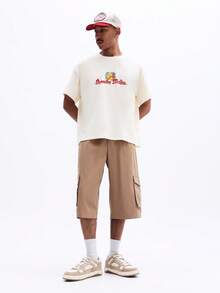 SUMWON Áo thun nam dáng rộng cổ tròn tay ngắn in hình trái cây, phong cách thường ngày, chất liệu cotton, thích hợp mặc mùa hè. - Màu be - Xem 3