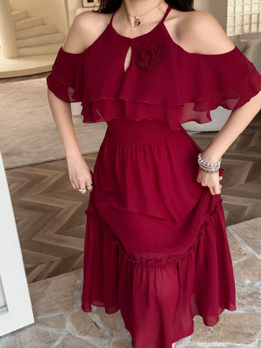 Feyla Elegant Romantic Ruffle Floral Cold-Shoulder Dress For Women