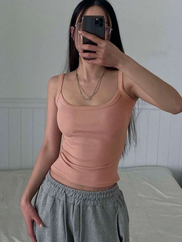 Sexy Versatile U-Neck Solid Color High Waist Short Fitted Camisole For Women