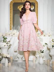 Modelyn Elegant Pink Floral Summer Dress For Women,V-Neck Wedding Ninang Dresses,Graduation Holiday Outfits Wedding Guest Dresses - Pink - View 7
