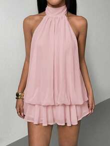 SHEIN PETITE Đầm ngắn cổ yếm màu be thanh lịch dành cho nữ - Hồng - Xem 3