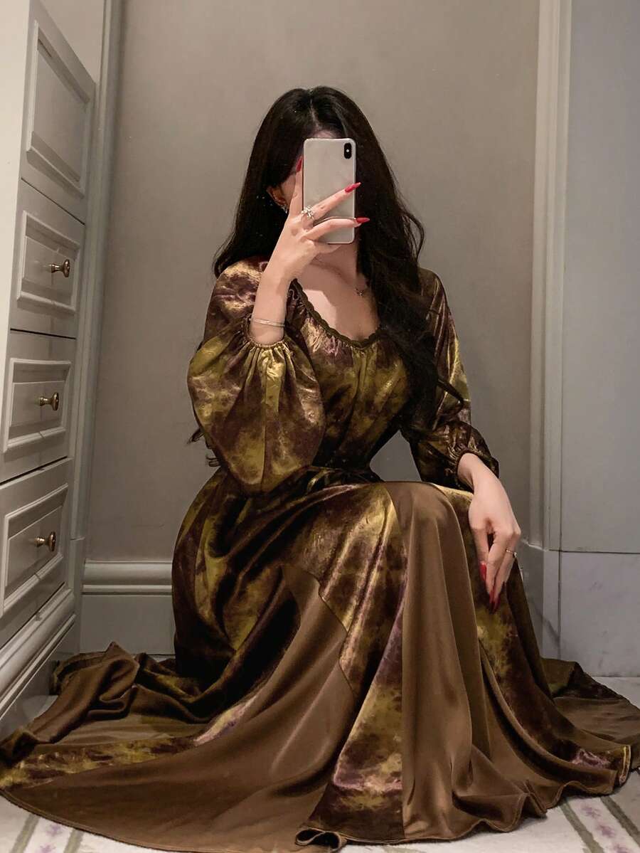 DAZY Tie Dye Print Patchwork Satin Lantern Sleeve Cinched Waist Long Women Nightgown - Brown - View 1