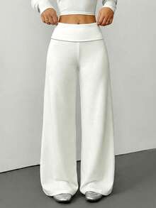 SHEIN PETITE Women's Solid Color Fold-Over Waist Wide-Leg Loose Casual Pants Sweatpants, All-Match Home Wear For Autumn And Winter - White - View 3
