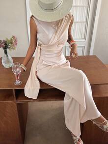 Strévra Women's Sleeveless Mock Neck Top And Casual Pants 2 Pieces Set - Apricot - View 4