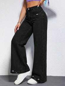 SHEIN EZwear 女士休闲日常通勤时尚街头风简约百搭高腰宽松阔腿牛仔裤 - 黑色 - 查看 3