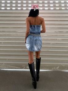 Jeanoix Y2K Women's Button Design Fashion Denim Tube Dress - Light Wash - View 2