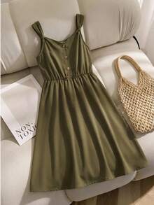 SHEIN Tween Girls Olive Green Summer Casual Picnic Sleeveless Tie-Front Midi Dress For Tween Girls, V-Neck Front Button Vintage Charm, Daily, Outfit - Army Green - View 1