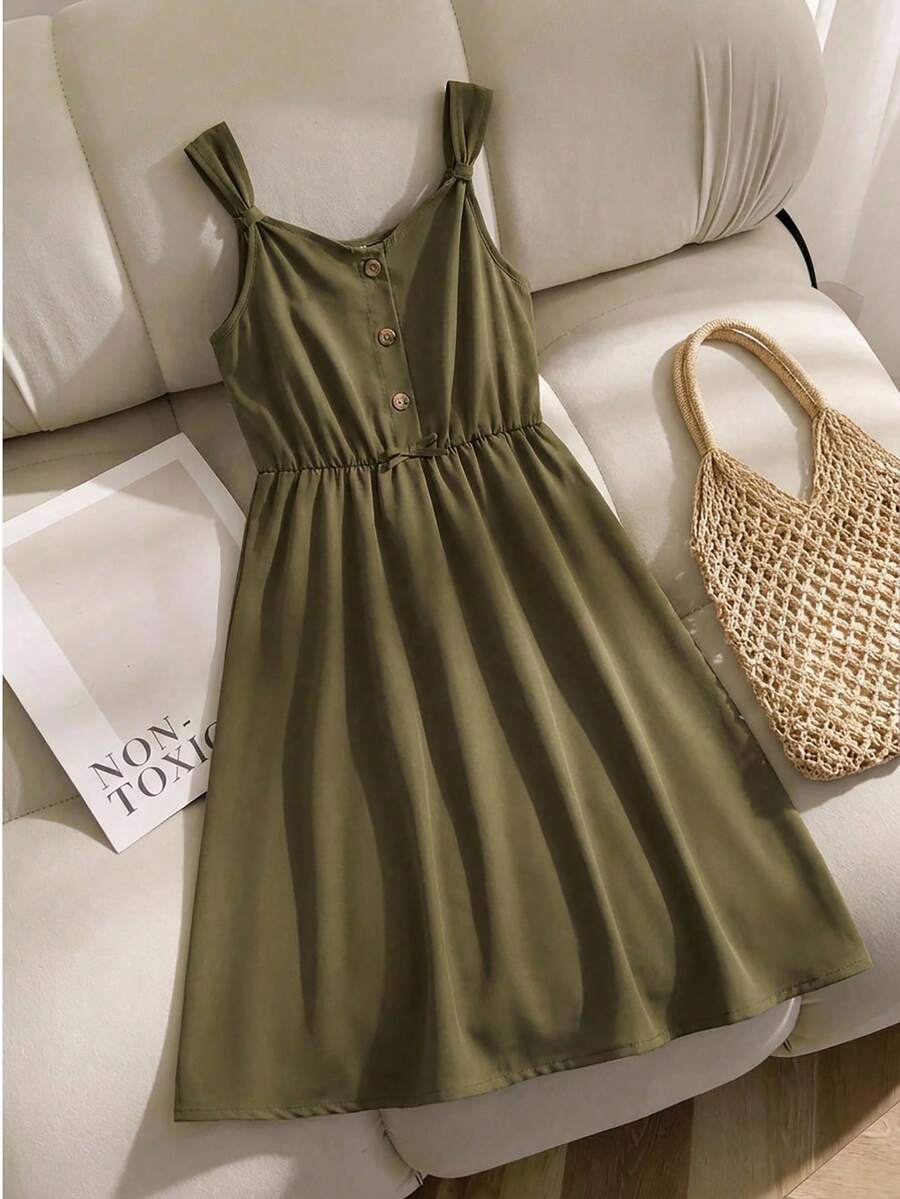 SHEIN Tween Girls Olive Green Summer Casual Picnic Sleeveless Tie-Front Midi Dress For Tween Girls, V-Neck Front Button Vintage Charm, Daily, Outfit - Army Green - View 1