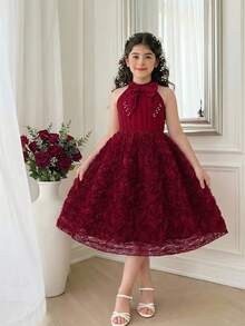 SHEIN 优雅蓝色无袖连衣裙，适合少女，甜美公主风，蝴蝶结设计，时尚优雅。 - 酒紅色 - 查看 10