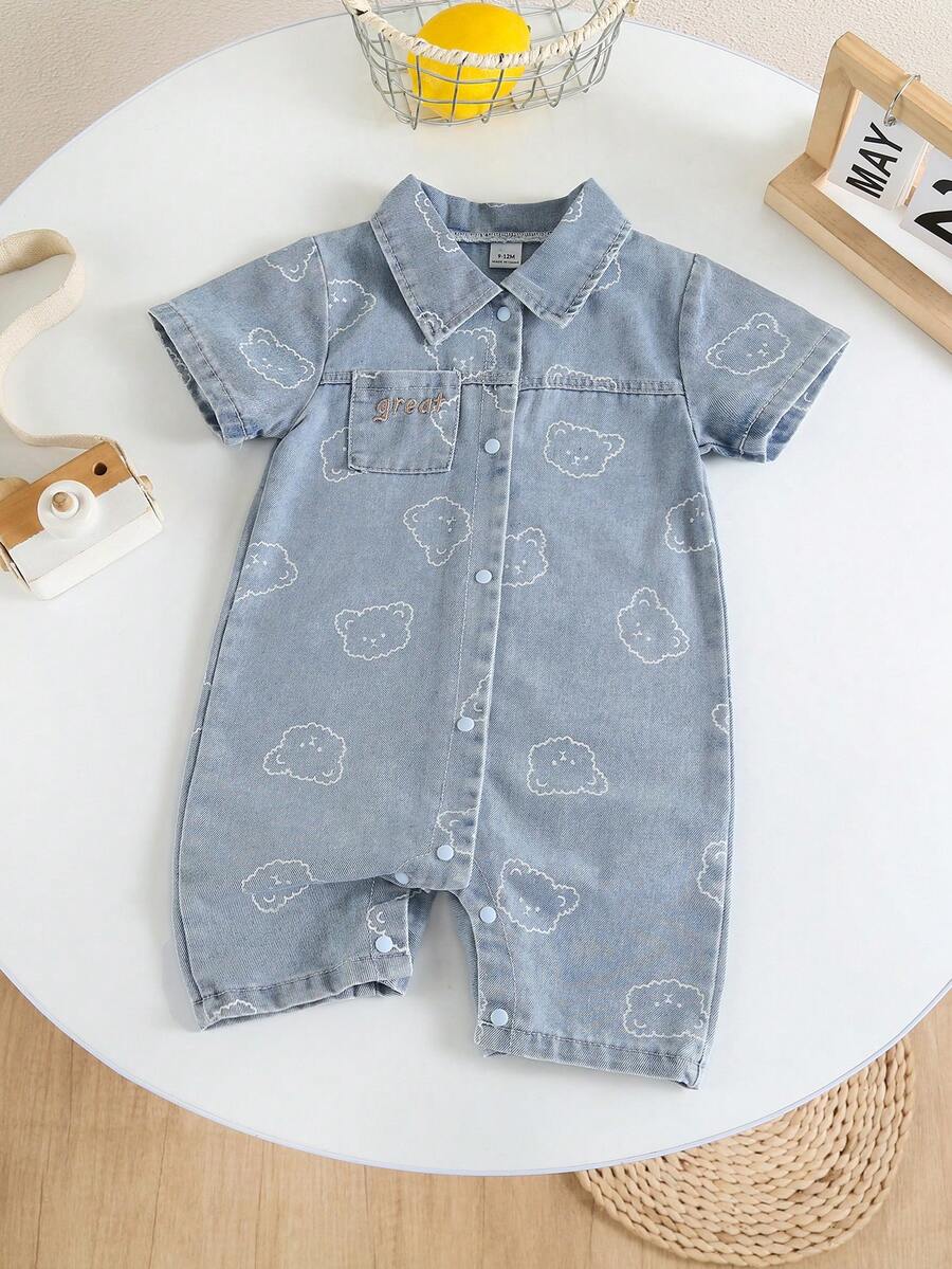 SHEIN Playful Pals 男婴可爱小熊格子短袖连体衣，夏季婴儿服装 - 藍色 - 查看 1