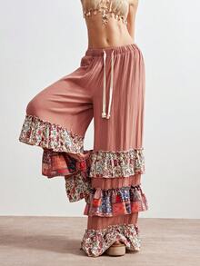 Bohemela Casual Vacation Woven Patchwork Ruffle Hem Loose Wide Leg Women Pants - Red - View 6