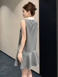 DAZY 女士优雅撞色领假口袋无袖迷你连衣裙，夏季吊带裙 - 黑色 - 查看 2