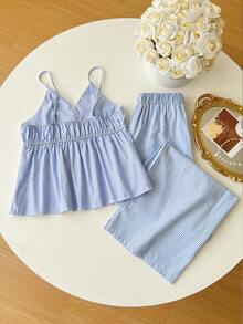 INAWLY Casual Striped Baby Blue Spaghetti Strap Camisole And Pants Co-Ords For Summer - Baby Blue - View 2