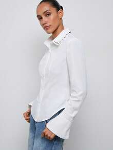 Maija Women's Fashion Elegant White Button Up Shirt,Autumn Office Business Casual Colorful Rhinestone Decor Collar Long Sleeve Curved Hem Shirt For Women - White - View 6