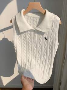 SHEIN EZwear 女士休闲无袖针织Polo衫，骑士图案 - 白色 - 查看 3