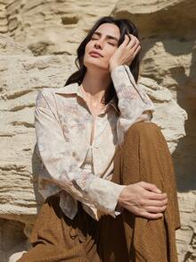 DAZY Women's Bohemian Style Floral Tie-Dye Print Drop Shoulder Loose Long Sleeve Blouse, Suitable For Spring And Autumn - Khaki - View 6