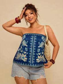 Travachic 大码女式度假休闲抹胸上衣 - 藏蓝色 - 查看 6