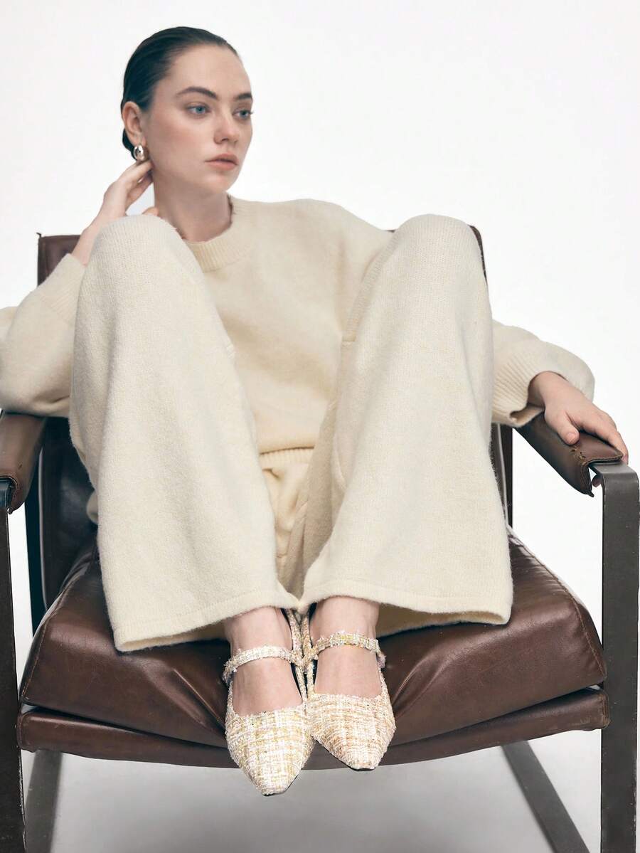 Mnmlis 女士新款灰色法式低跟尖头简约时尚羊毛玛丽珍鞋 - 米杏色 - 查看 1