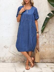 EMERY ROSE Women's Loose Everyday Denim Dress With Pockets - Medium Wash - View 6