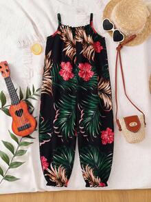SHEIN Young Girl Vacation Casual Chiffon Ditsy Floral Jumpsuit - Black - View 2