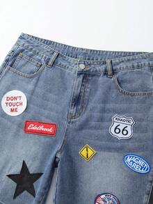 ROMWE MEN Street Life Men's Letter Embroidered Pocket Loose Casual Denim Shorts - Blue - View 7