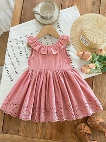 Babygirl Cute Vacation Casual Lotus Pink Ruffle Embroidered Pattern Dress - Pink - View 7