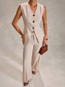 RueChic Women Striped Linen Fabric Detailed Two Pieces Suit Sets Fake Linen - Beige - View 7