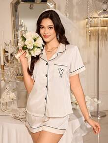 LuxeNights Minimalist Luxury Jacquard Contrast Trim Heart Embroidery Short Sleeve Shorts Pajama Set - Champagne - View 4