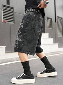 Manfinity EMRG Men's Casual Street Style Printed Black Denim Shorts - Black - View 5