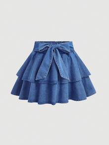 SHEIN MOD Plus Size Denim Mini Skirt With Bow Accent, Blue - Medium Wash - View 2