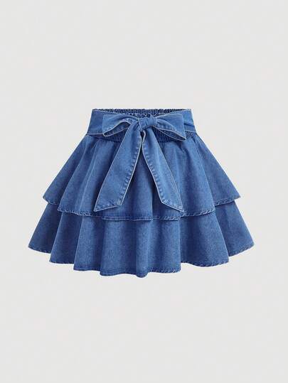 SHEIN MOD 大码牛仔迷你裙，饰有蝴蝶结，蓝色