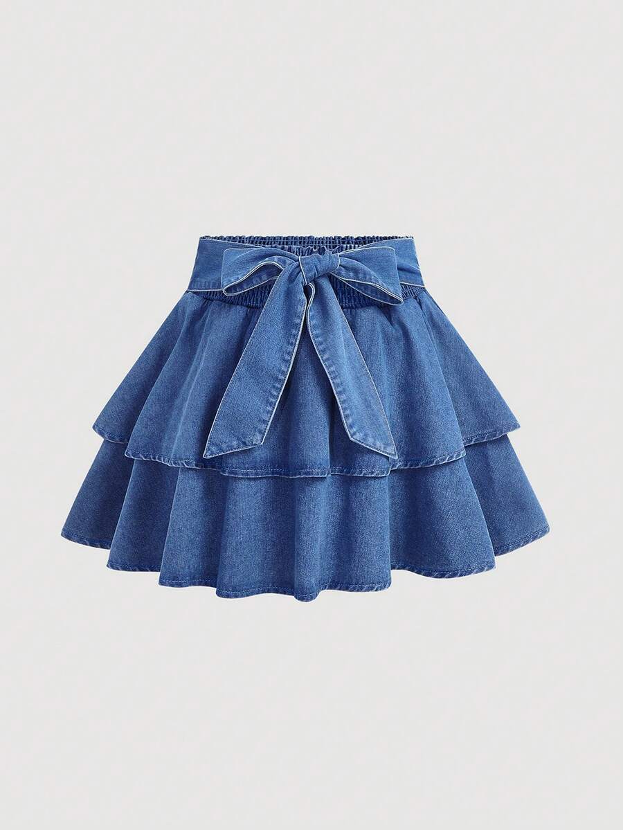 SHEIN MOD Plus Size Denim Mini Skirt With Bow Accent, Blue