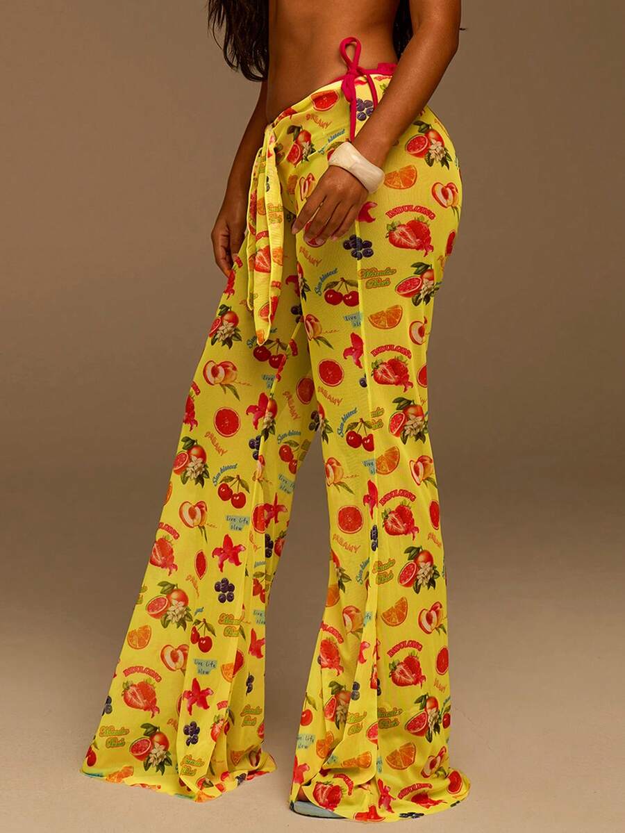 Athîral Women's Casual Yellow Fruit Print Swimsuit, Swimwear Beach Cover Up & Pants - Yellow - View 1