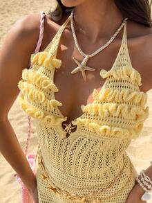 Soleia Sexy Spaghetti Strap Metallic Starfish Hollow Out Mini Spaghetti Strap Dress, Suitable For Vacation, Music Festival, Bohemian, Holiday, Date, Afternoon Tea - Yellow - View 3