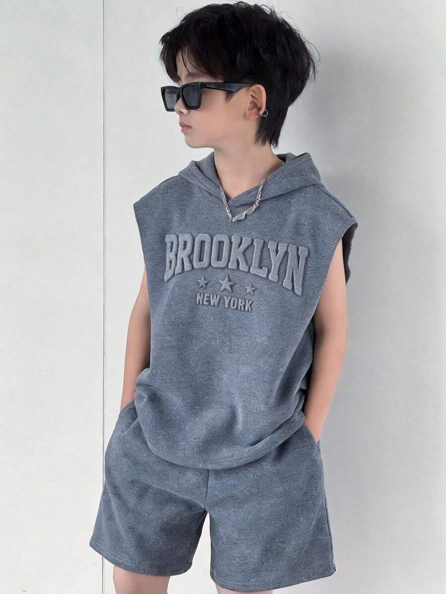 2pcs Tween Boy Casual Hooded Sleeveless Top & Round Neck Short Sleeve T-Shirt And Shorts Set, Suitable For School, Outing, Sports, Holiday Party, Spring/Summer